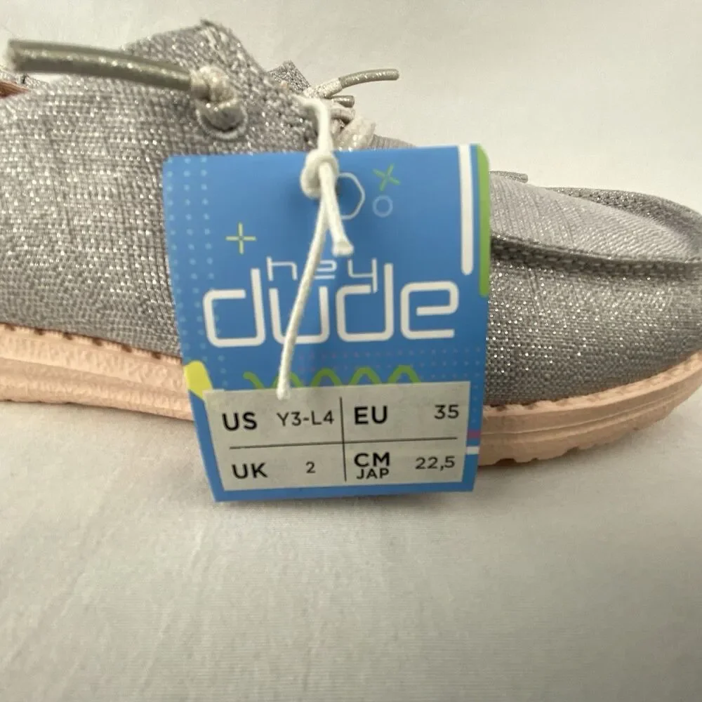 NWT HEY DUDE Shoes Youth Kids Size 3-4 Girls Wendy Sparkling‎ Silver Peach MINT